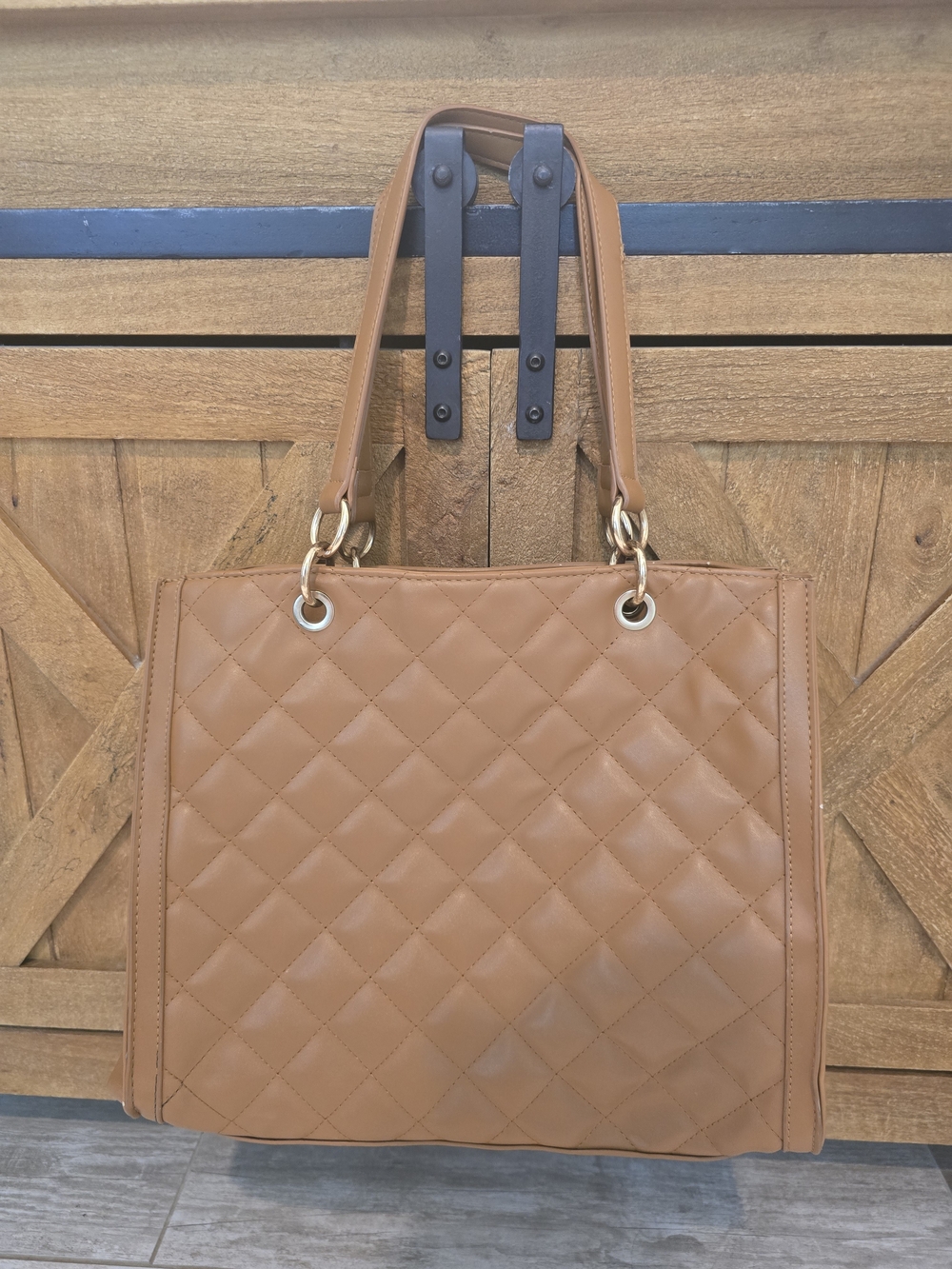 Quilted Tan Leather Tote Bag with Gold Hardware